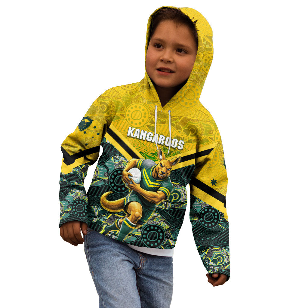 Personalised Kangaroos Rugby Kid Hoodie Aboriginal Pattern Australia Colors Tribal Sports