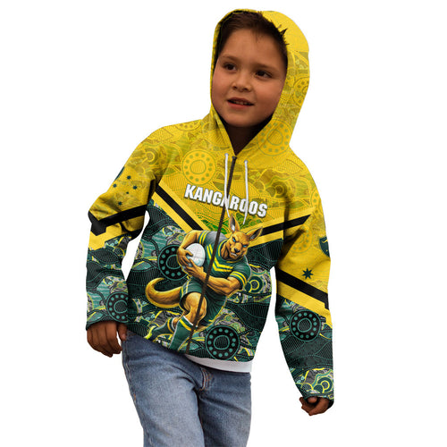 Personalised Kangaroos Rugby Kid Hoodie Aboriginal Pattern Australia Colors Tribal Sports