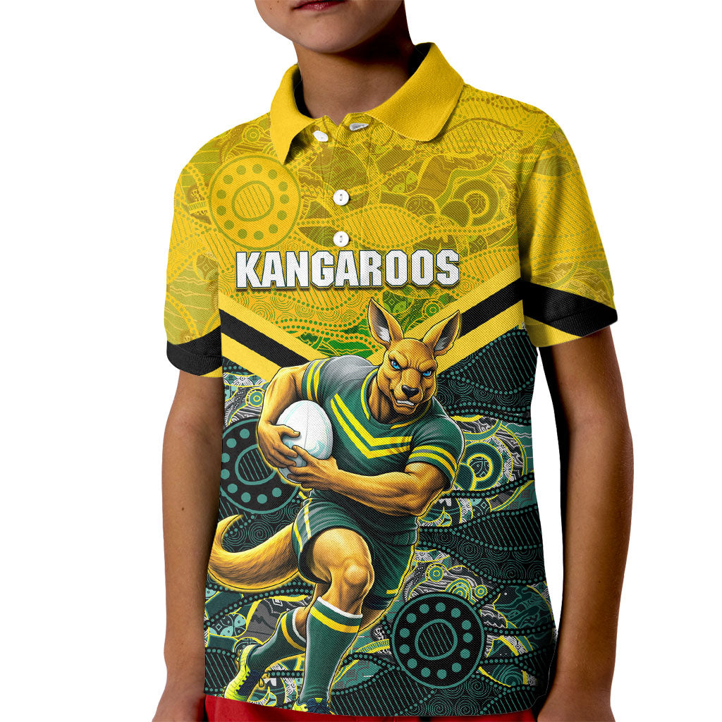 Personalised Kangaroos Rugby Kid Polo Shirt Aboriginal Pattern Australia Colors Tribal Sports