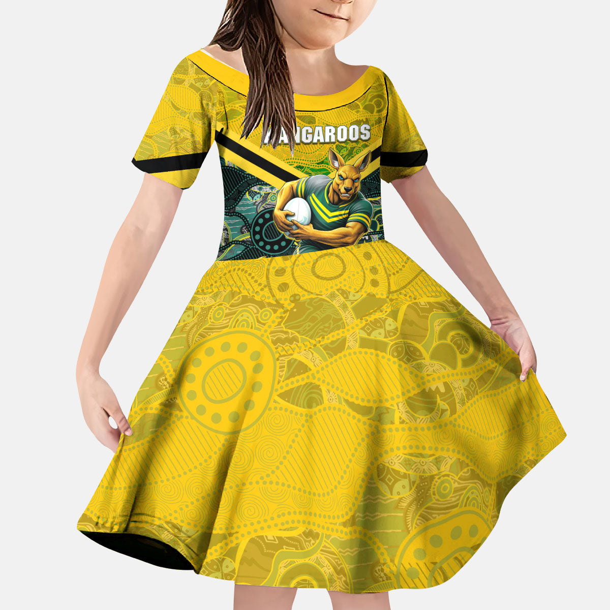 Personalised Kangaroos Rugby Kid Short Sleeve Dress Aboriginal Pattern Australia Colors Tribal Sports