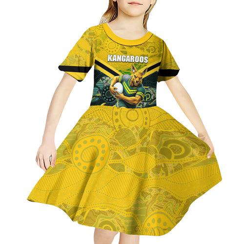 Personalised Kangaroos Rugby Kid Short Sleeve Dress Aboriginal Pattern Australia Colors Tribal Sports