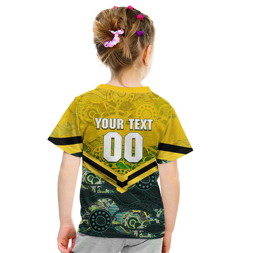 Personalised Kangaroos Rugby Kid T Shirt Aboriginal Pattern Australia Colors Tribal Sports
