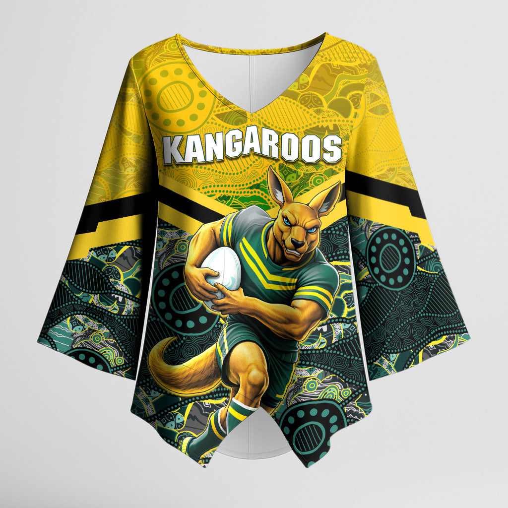 Personalised Kangaroos Rugby Kimono Sleeve Blouse Aboriginal Pattern Australia Colors Tribal Sports