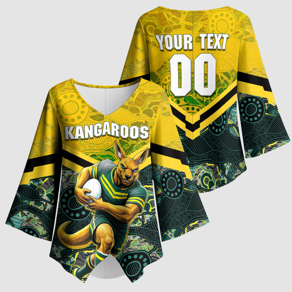 Personalised Kangaroos Rugby Kimono Sleeve Blouse Aboriginal Pattern Australia Colors Tribal Sports