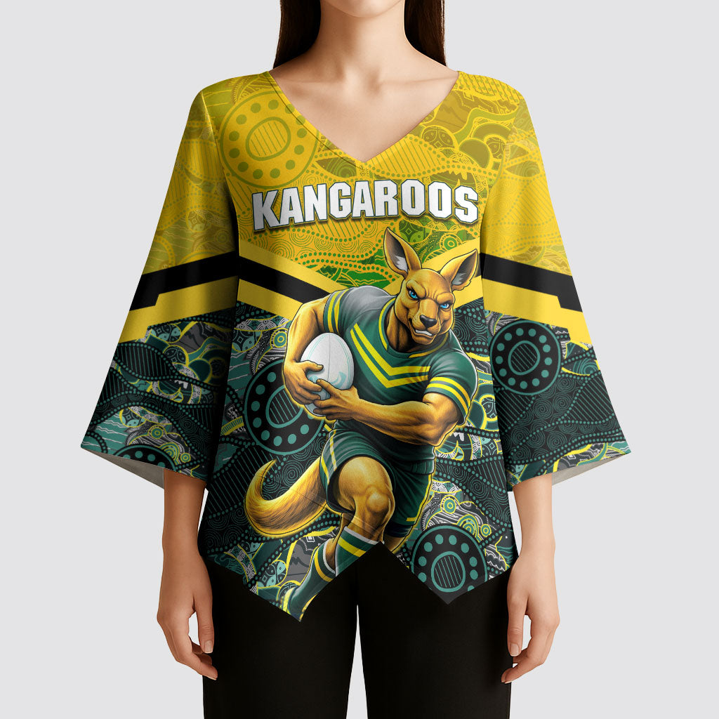 Personalised Kangaroos Rugby Kimono Sleeve Blouse Aboriginal Pattern Australia Colors Tribal Sports