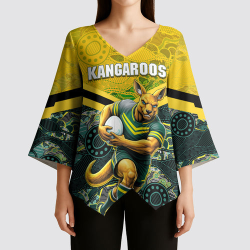 Personalised Kangaroos Rugby Kimono Sleeve Blouse Aboriginal Pattern Australia Colors Tribal Sports