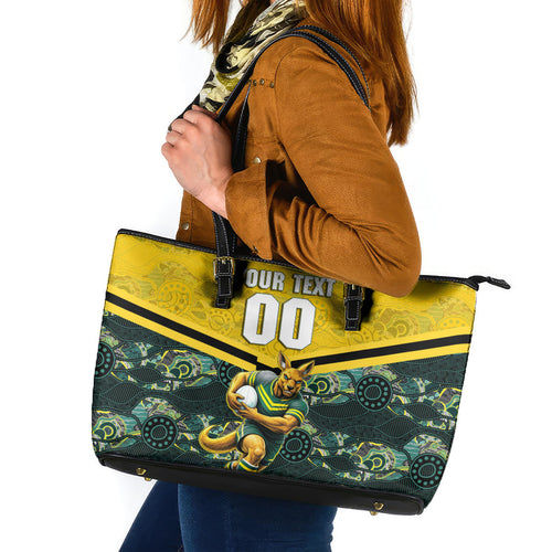 Personalised Kangaroos Rugby Leather Tote Bag Aboriginal Pattern Australia Colors Tribal Sports