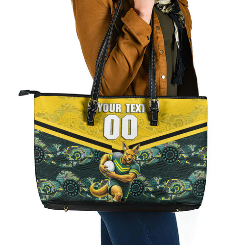 Personalised Kangaroos Rugby Leather Tote Bag Aboriginal Pattern Australia Colors Tribal Sports