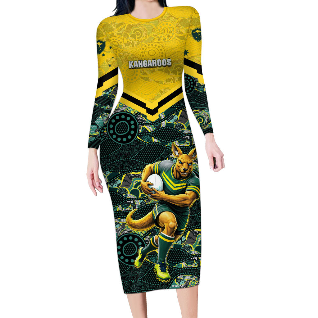 Personalised Kangaroos Rugby Long Sleeve Bodycon Dress Aboriginal Pattern Australia Colors Tribal Sports