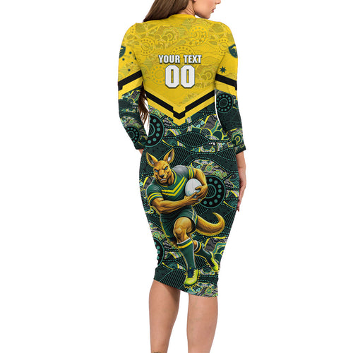 Personalised Kangaroos Rugby Long Sleeve Bodycon Dress Aboriginal Pattern Australia Colors Tribal Sports