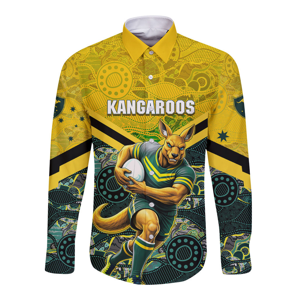 Personalised Kangaroos Rugby Long Sleeve Button Shirt Aboriginal Pattern Australia Colors Tribal Sports