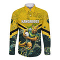 Personalised Kangaroos Rugby Long Sleeve Button Shirt Aboriginal Pattern Australia Colors Tribal Sports