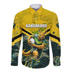 Personalised Kangaroos Rugby Long Sleeve Button Shirt Aboriginal Pattern Australia Colors Tribal Sports