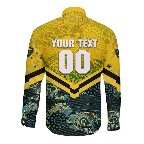 Personalised Kangaroos Rugby Long Sleeve Button Shirt Aboriginal Pattern Australia Colors Tribal Sports