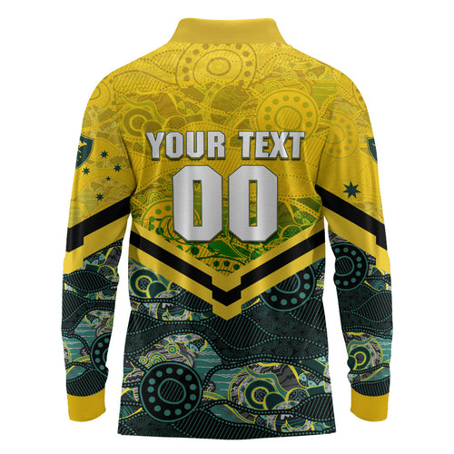 Personalised Kangaroos Rugby Long Sleeve Polo Shirt Aboriginal Pattern Australia Colors Tribal Sports