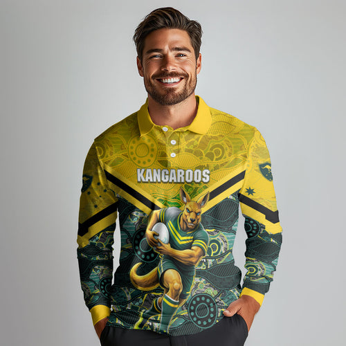 Personalised Kangaroos Rugby Long Sleeve Polo Shirt Aboriginal Pattern Australia Colors Tribal Sports