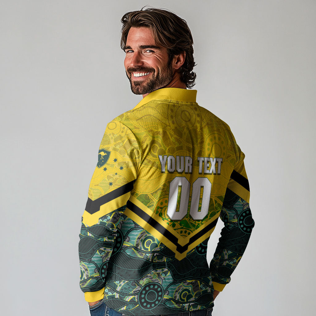 Personalised Kangaroos Rugby Long Sleeve Polo Shirt Aboriginal Pattern Australia Colors Tribal Sports