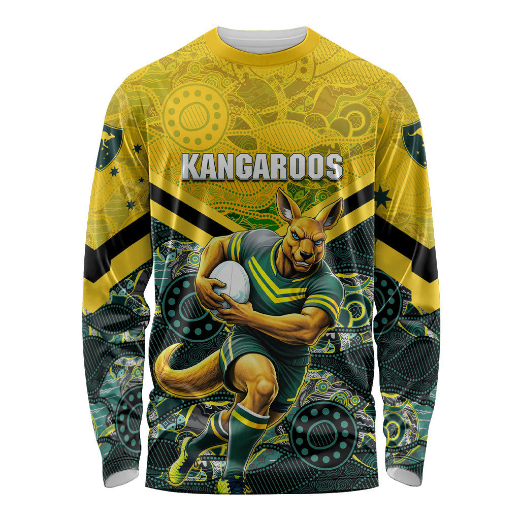 Personalised Kangaroos Rugby Long Sleeve Shirt Aboriginal Pattern Australia Colors Tribal Sports