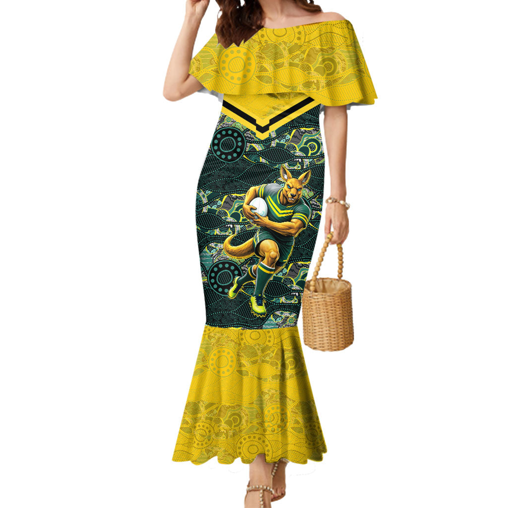 Personalised Kangaroos Rugby Mermaid Dress Aboriginal Pattern Australia Colors Tribal Sports