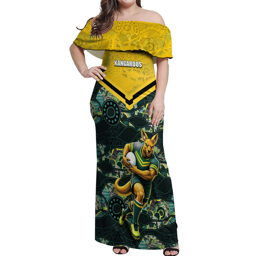 Personalised Kangaroos Rugby Off Shoulder Maxi Dress Aboriginal Pattern Australia Colors Tribal Sports