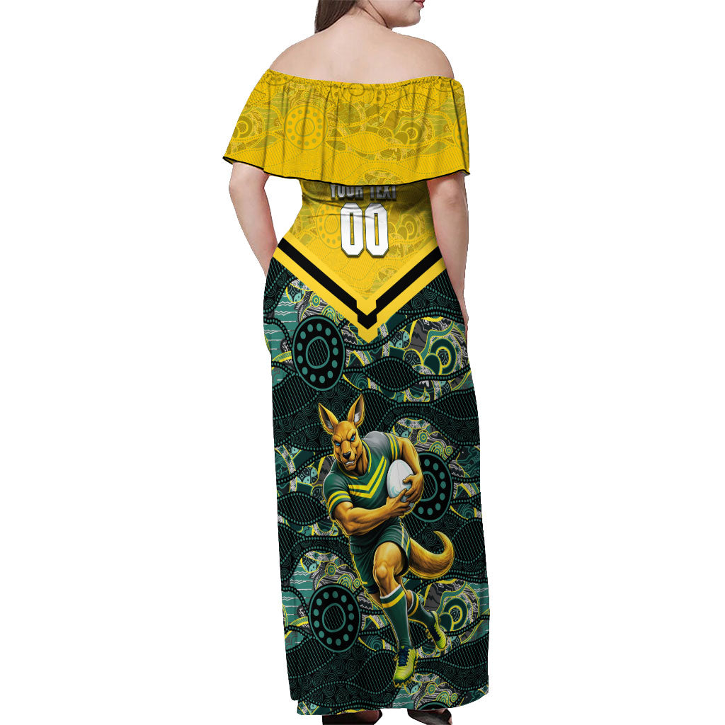 Personalised Kangaroos Rugby Off Shoulder Maxi Dress Aboriginal Pattern Australia Colors Tribal Sports