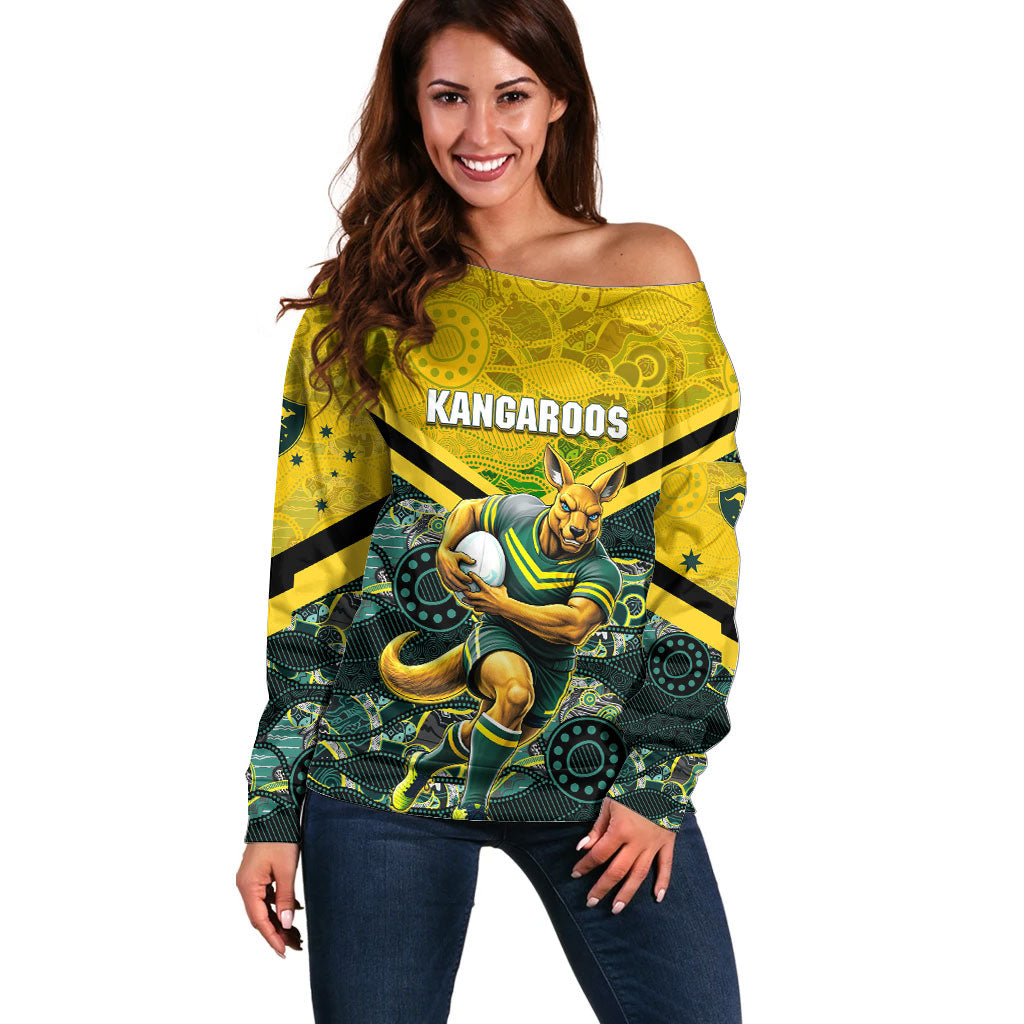 Personalised Kangaroos Rugby Off Shoulder Sweater Aboriginal Pattern Australia Colors Tribal Sports