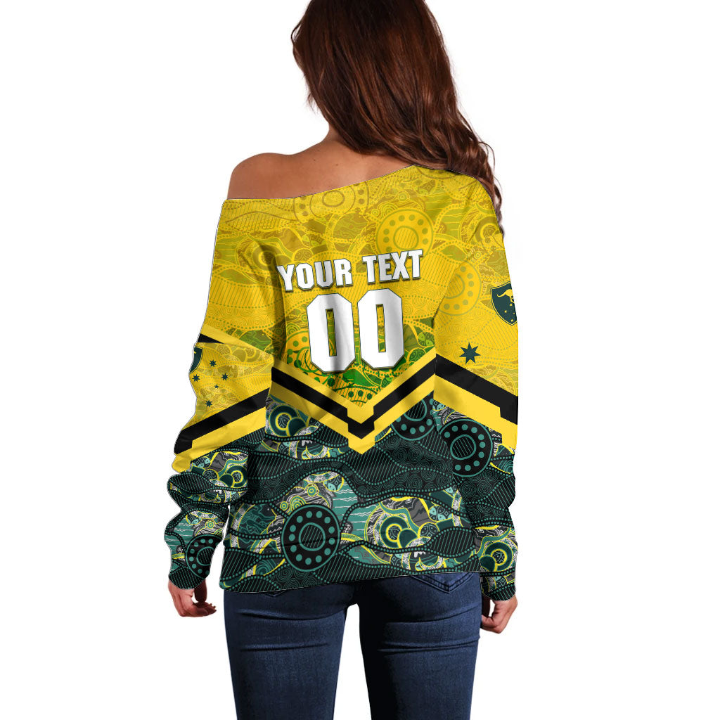 Personalised Kangaroos Rugby Off Shoulder Sweater Aboriginal Pattern Australia Colors Tribal Sports