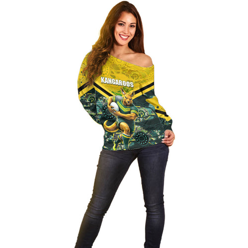 Personalised Kangaroos Rugby Off Shoulder Sweater Aboriginal Pattern Australia Colors Tribal Sports