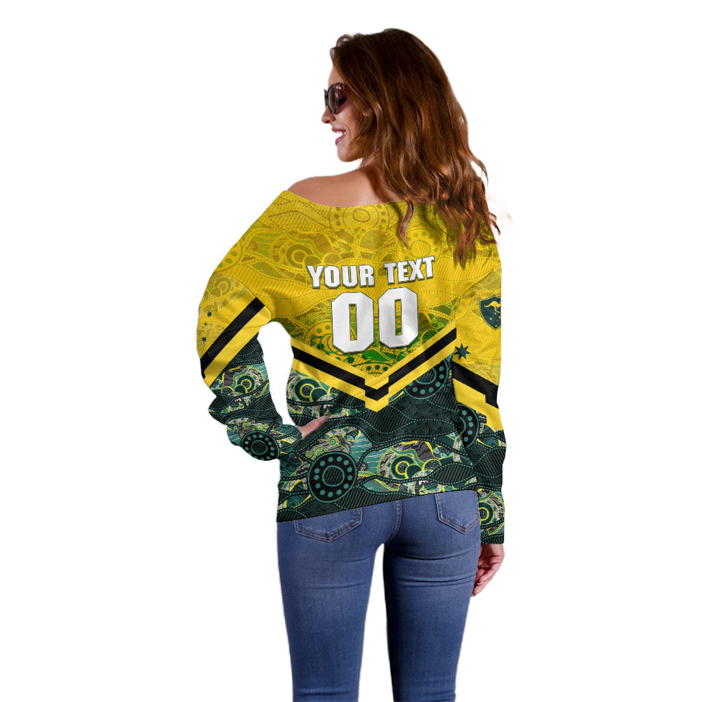 Personalised Kangaroos Rugby Off Shoulder Sweater Aboriginal Pattern Australia Colors Tribal Sports