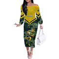 Personalised Kangaroos Rugby Off The Shoulder Long Sleeve Dress Aboriginal Pattern Australia Colors Tribal Sports