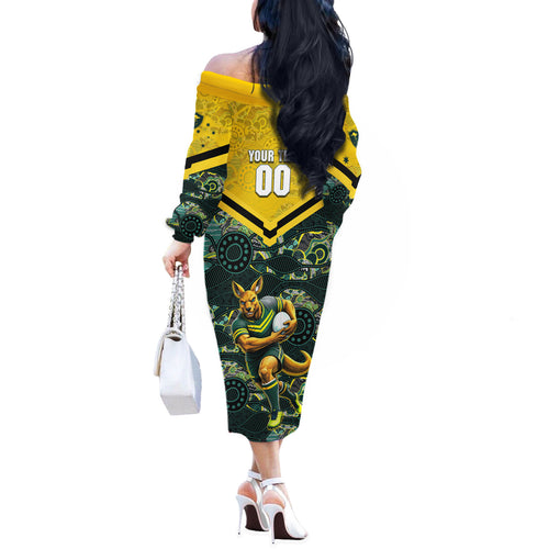 Personalised Kangaroos Rugby Off The Shoulder Long Sleeve Dress Aboriginal Pattern Australia Colors Tribal Sports