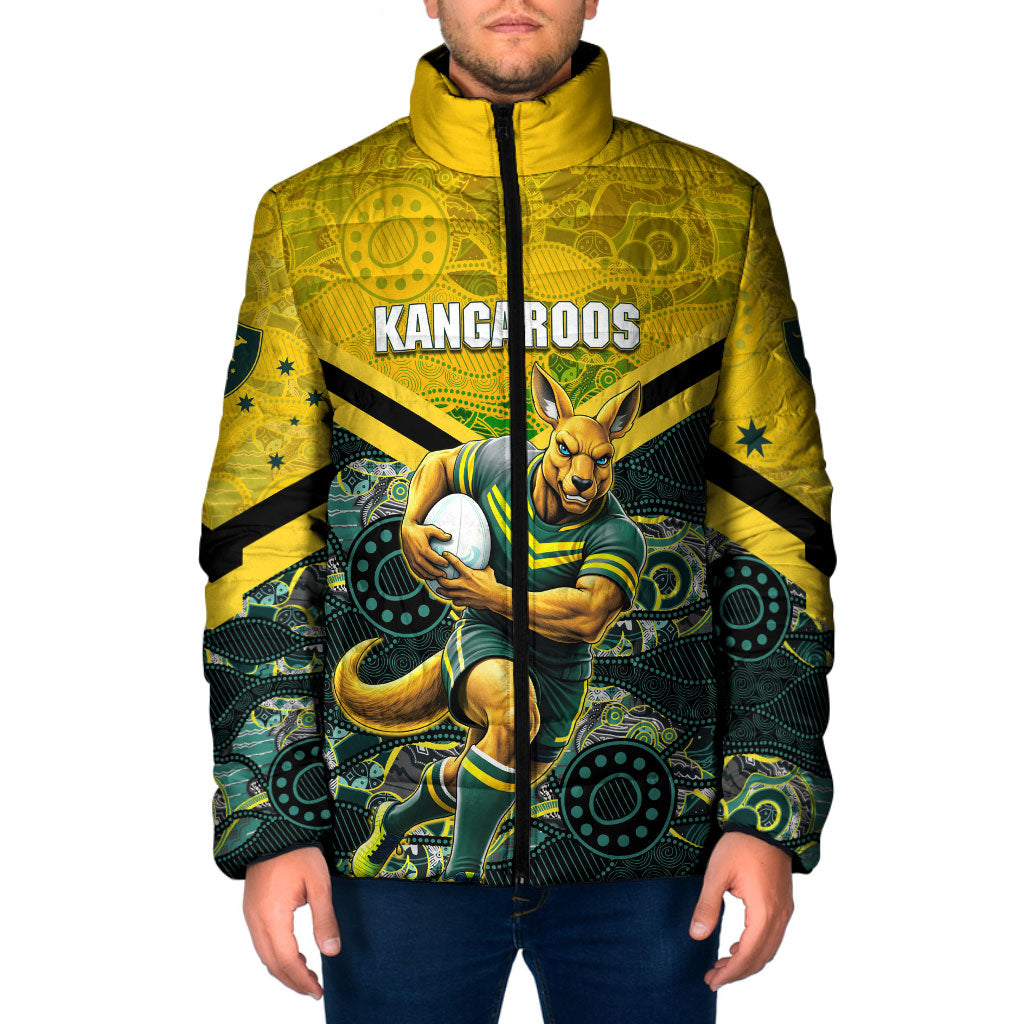 Personalised Kangaroos Rugby Padded Jacket Aboriginal Pattern Australia Colors Tribal Sports