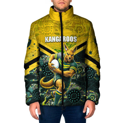 Personalised Kangaroos Rugby Padded Jacket Aboriginal Pattern Australia Colors Tribal Sports