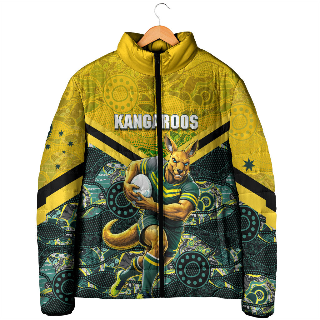Personalised Kangaroos Rugby Padded Jacket Aboriginal Pattern Australia Colors Tribal Sports