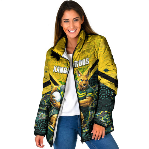 Personalised Kangaroos Rugby Padded Jacket Aboriginal Pattern Australia Colors Tribal Sports