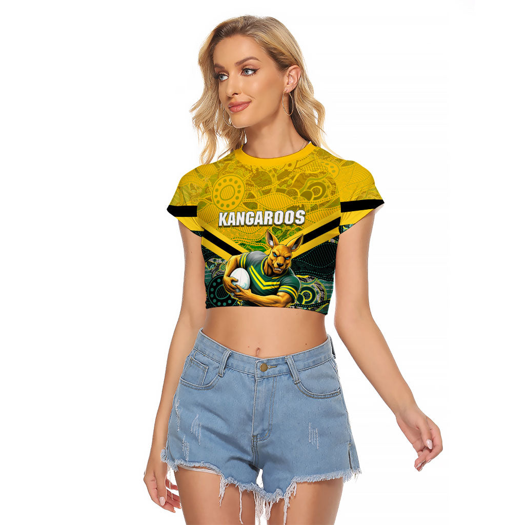 Personalised Kangaroos Rugby Raglan Cropped T Shirt Aboriginal Pattern Australia Colors Tribal Sports