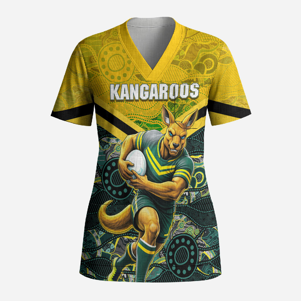 Personalised Kangaroos Rugby Scrub Top Aboriginal Pattern Australia Colors Tribal Sports