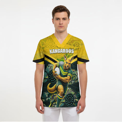 Personalised Kangaroos Rugby Scrub Top Aboriginal Pattern Australia Colors Tribal Sports