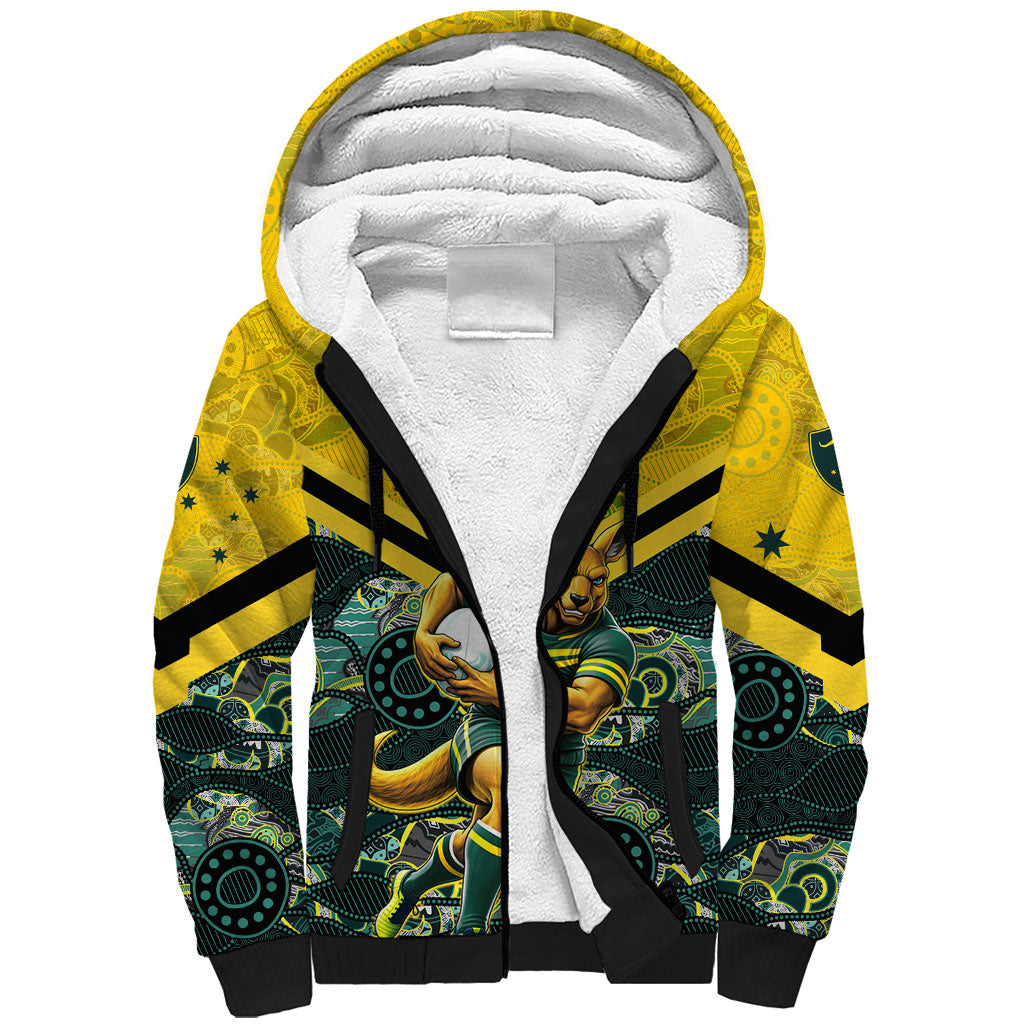 Personalised Kangaroos Rugby Sherpa Hoodie Aboriginal Pattern Australia Colors Tribal Sports