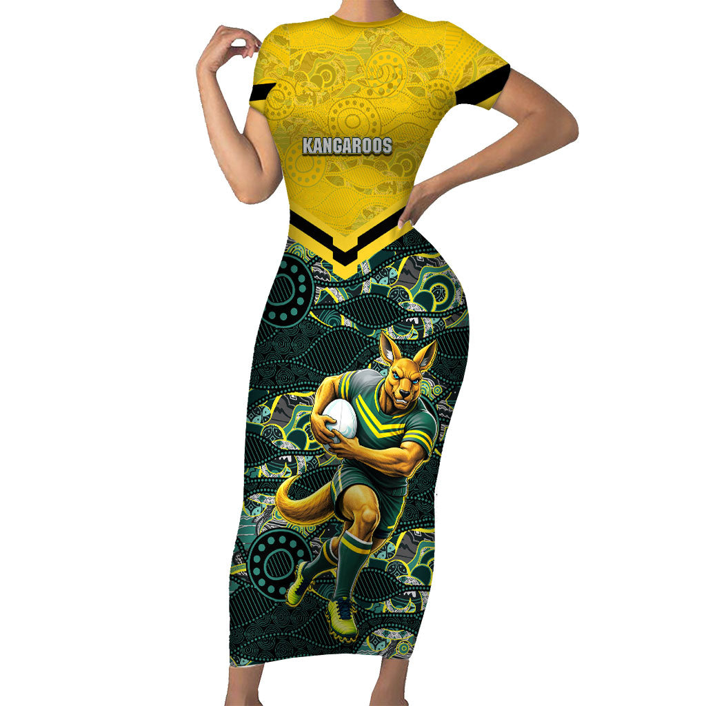 Personalised Kangaroos Rugby Short Sleeve Bodycon Dress Aboriginal Pattern Australia Colors Tribal Sports