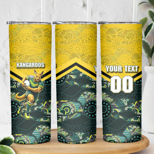Personalised Kangaroos Rugby Skinny Tumbler Aboriginal Pattern Australia Colors Tribal Sports