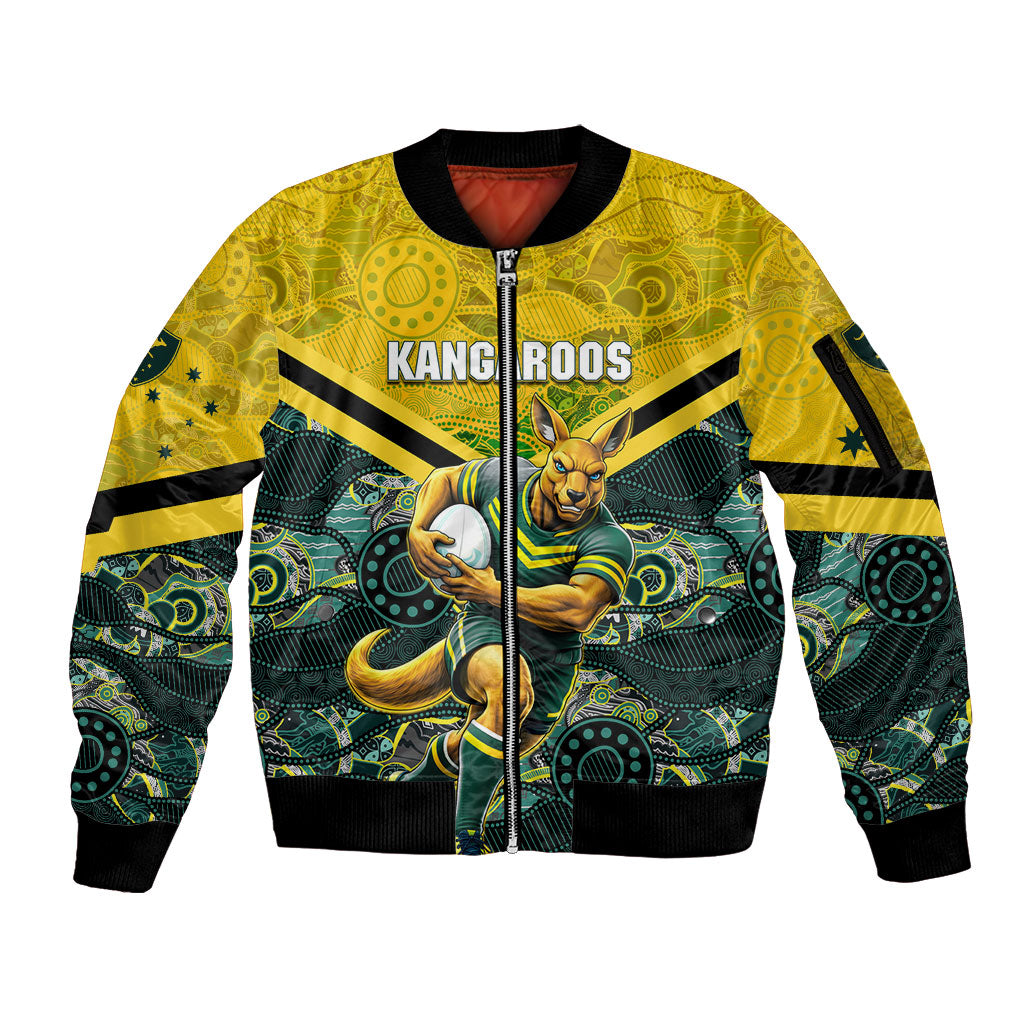 Personalised Kangaroos Rugby Sleeve Zip Bomber Jacket Aboriginal Pattern Australia Colors Tribal Sports