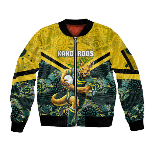Personalised Kangaroos Rugby Sleeve Zip Bomber Jacket Aboriginal Pattern Australia Colors Tribal Sports