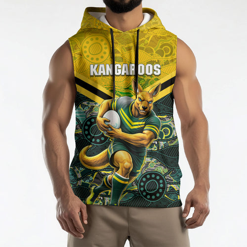 Personalised Kangaroos Rugby Sleeveless Hoodie Aboriginal Pattern Australia Colors Tribal Sports