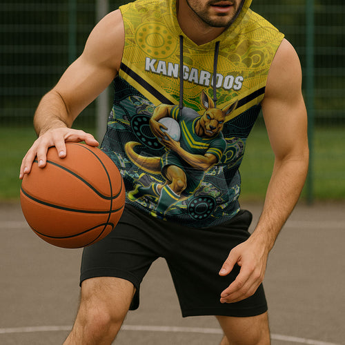 Personalised Kangaroos Rugby Sleeveless Hoodie Aboriginal Pattern Australia Colors Tribal Sports