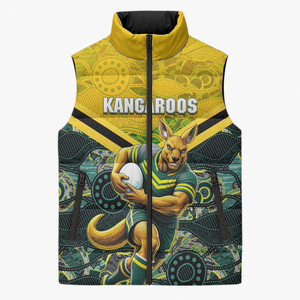 Personalised Kangaroos Rugby Sleeveless Puffer Jacket Aboriginal Pattern Australia Colors Tribal Sports