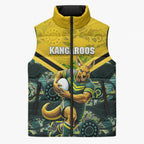 Personalised Kangaroos Rugby Sleeveless Puffer Jacket Aboriginal Pattern Australia Colors Tribal Sports