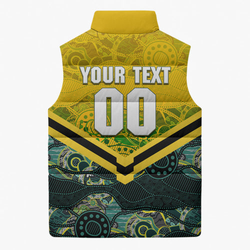 Personalised Kangaroos Rugby Sleeveless Puffer Jacket Aboriginal Pattern Australia Colors Tribal Sports