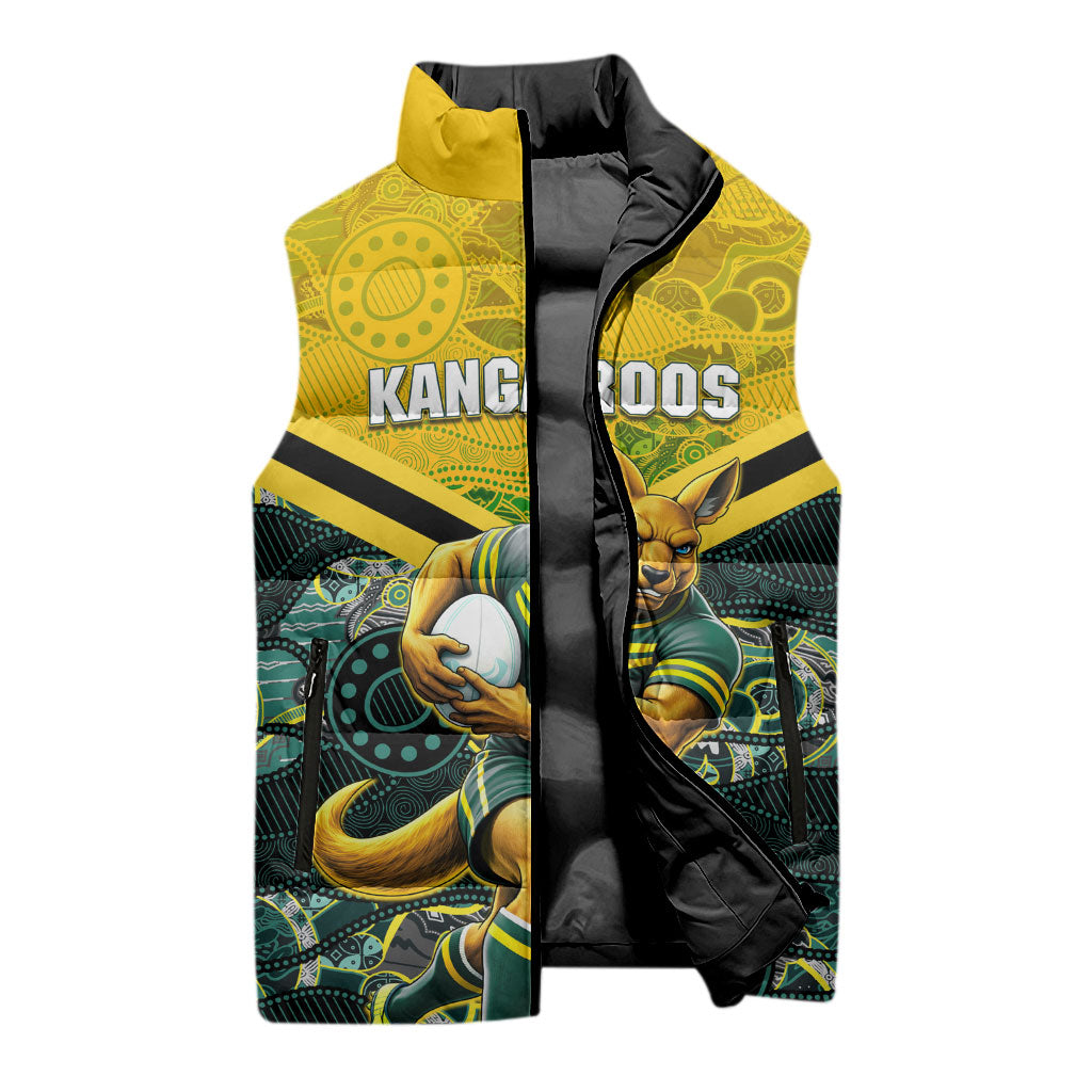 Personalised Kangaroos Rugby Sleeveless Puffer Jacket Aboriginal Pattern Australia Colors Tribal Sports