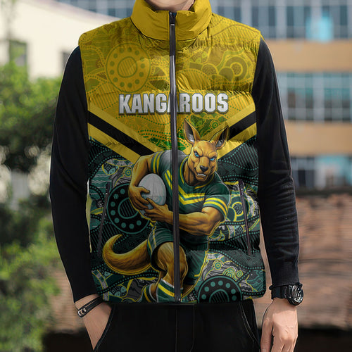Personalised Kangaroos Rugby Sleeveless Puffer Jacket Aboriginal Pattern Australia Colors Tribal Sports